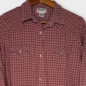Wrangler Wrancher Pearl Snap Flannel Long Sleeve Shirt Brown Pink Plaid Soft XXL